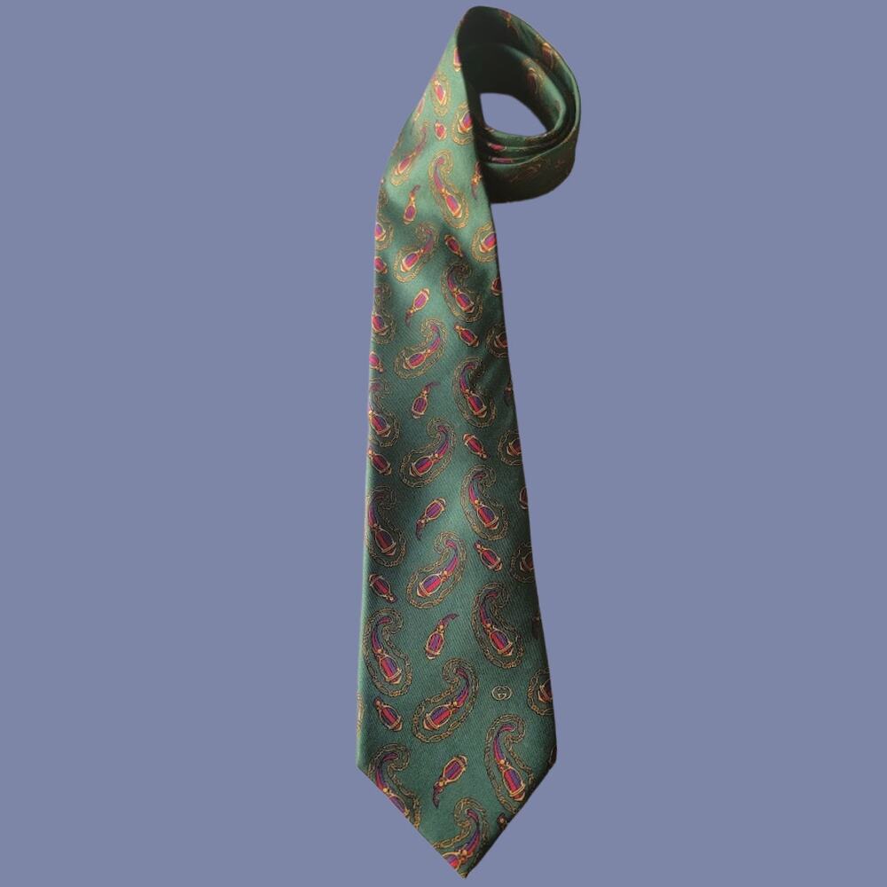 Vintage Late 1980s Gucci Hunter Green Heritage Mirco-Paisley Neck Tie